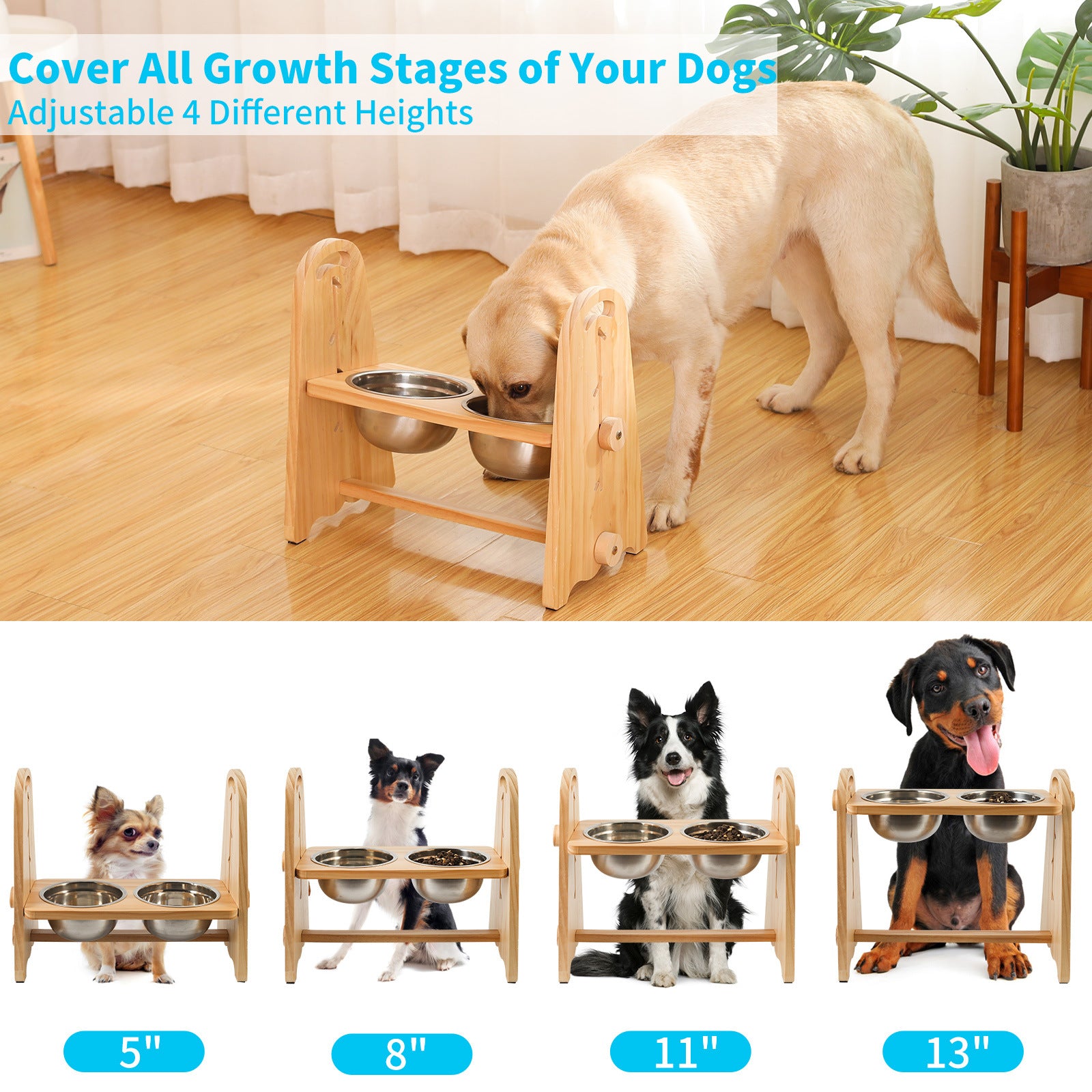 Elevated Dog Bowls for Medium Large Sized Dogs, Adjustable Heights Raised Dog Feeder Bowl with Stand for Food & Water Doba